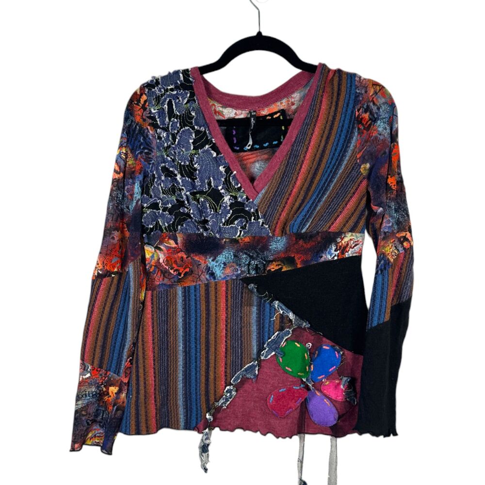 Love Me Art to Wear Mixed Media Print Hippie Long Sleeve Blouse Small Medium